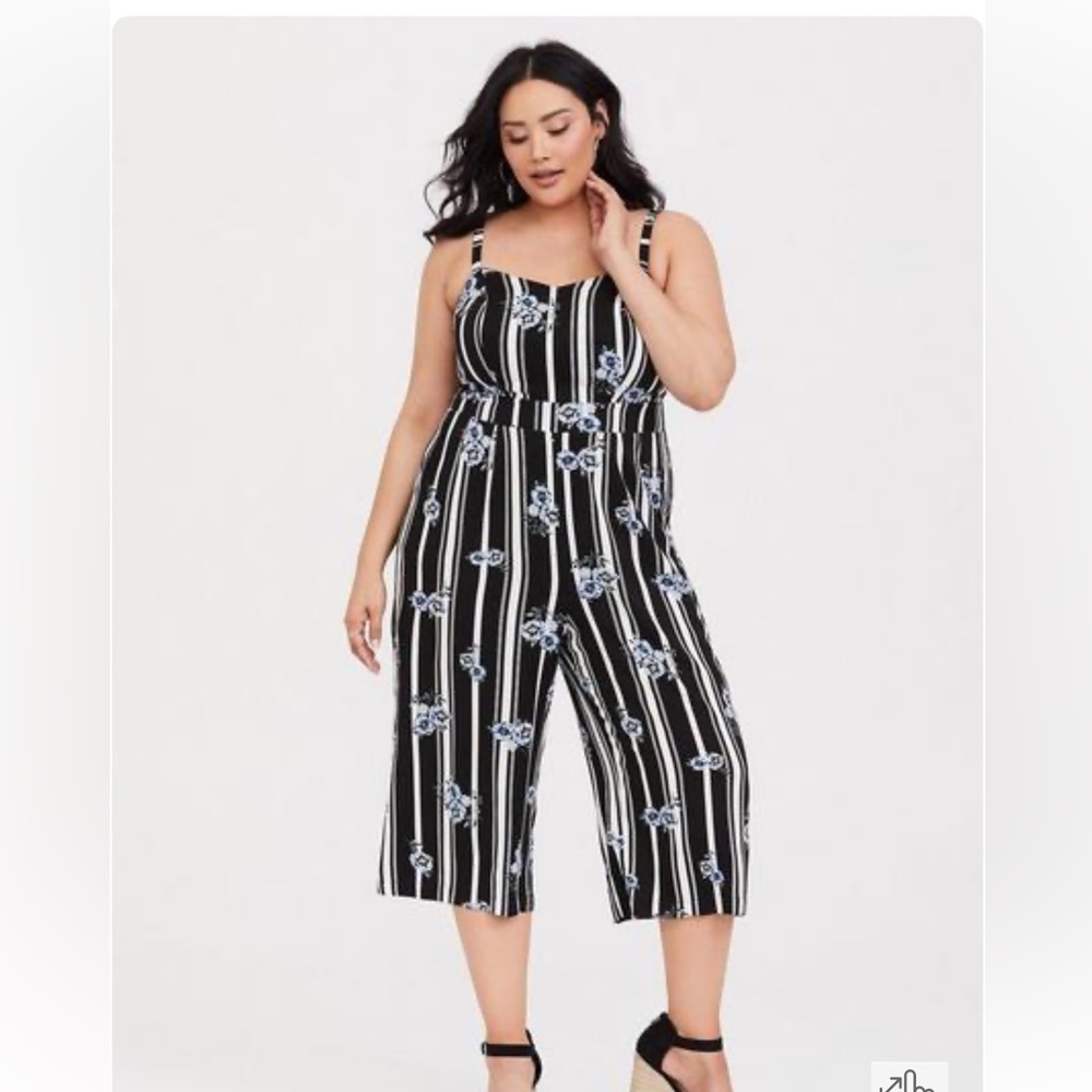 Torrid Black and White Striped Floral Jumpsuit